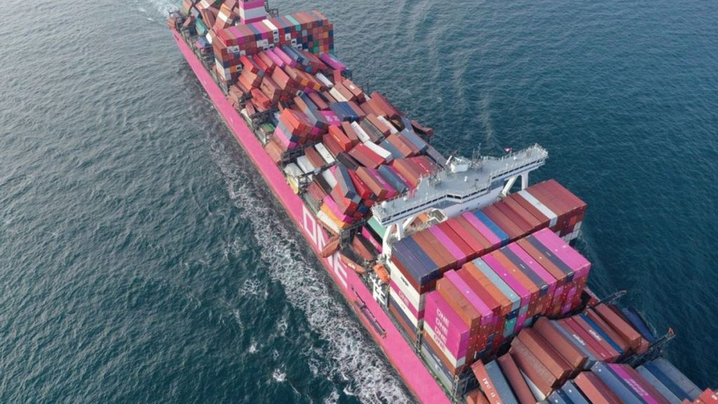 Dislodged containers on the cargo ship ONE Apus at Osaka Bay, Japan, on 7 December 2020, after the ship hit heavy swells on a voyage from China to California in November 2020.