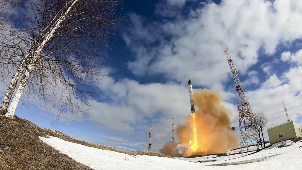 The first test launch of the Sarmat intercontinental ballistic missile at Plesetsk in northern Russia.