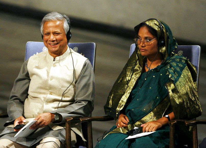 Nobel Peace Prize laureates, Muhammad Yunus and Grameen Bank represented by Mosammat Taslima Begum, during the award ceremony at Oslo Town Hall. 10 December 2006.