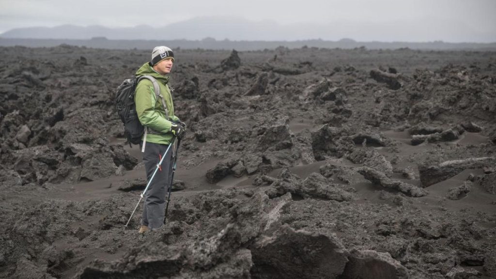 An Artemis II crew member hikes during NASA