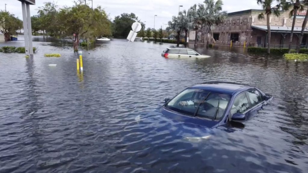 This drone image provided by Kairat Kassymbekov shows flooding from Hurricane Milton in Tampa, Fla., Thursday, Oct. 10, 2024.