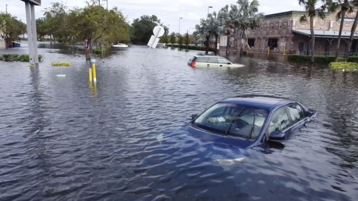 This drone image provided by Kairat Kassymbekov shows flooding from Hurricane Milton in Tampa, Fla., Thursday, Oct. 10, 2024.