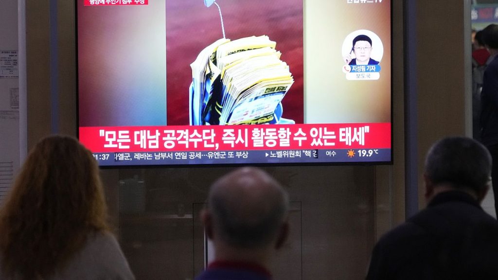 A TV screen shows an image of anti-North Korean propaganda leaflets during a news program at Seoul Railway Station, 11 October, 2024