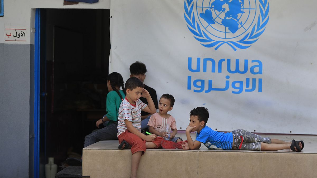 Palestinian children who fled with their parents from their houses in the Palestinian refugee camp of Ein el-Hilweh, 12 September, 2023