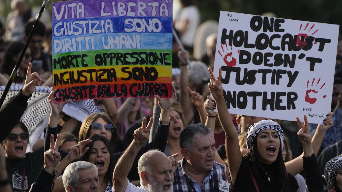 People attend a pro-Palestinian rally in Rome to call for a ceasefire in Gaza, 12 October, 2024