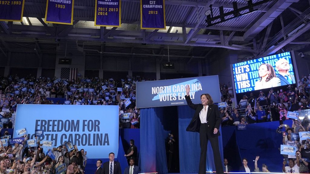 Democratic presidential nominee Vice President Kamala Harris arrives at a campaign rally in Greenville, 13 October, 2024