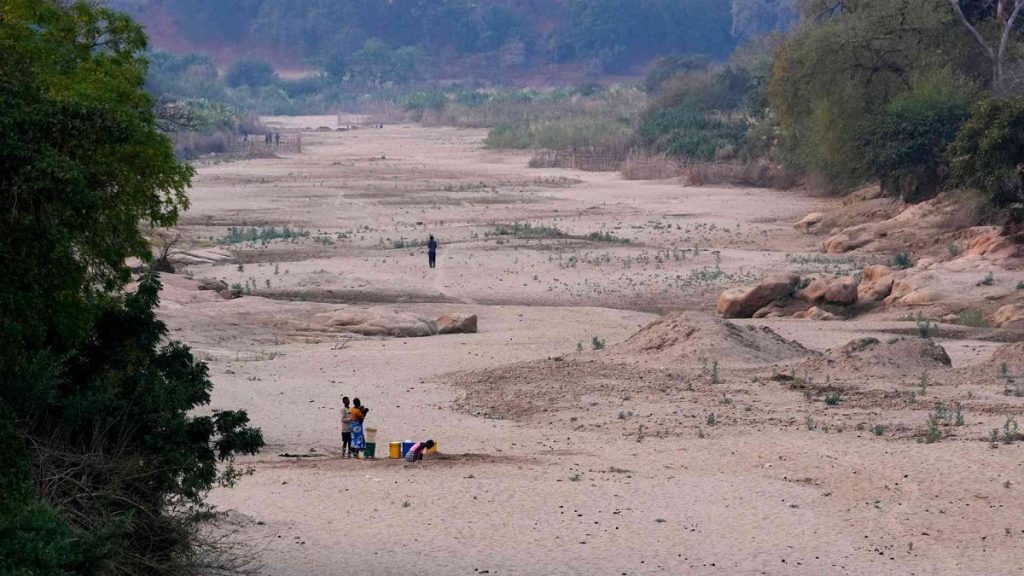 A dried up riverbed in Lusitu, Zambia, Wednesday, Sept. 18, 2024.