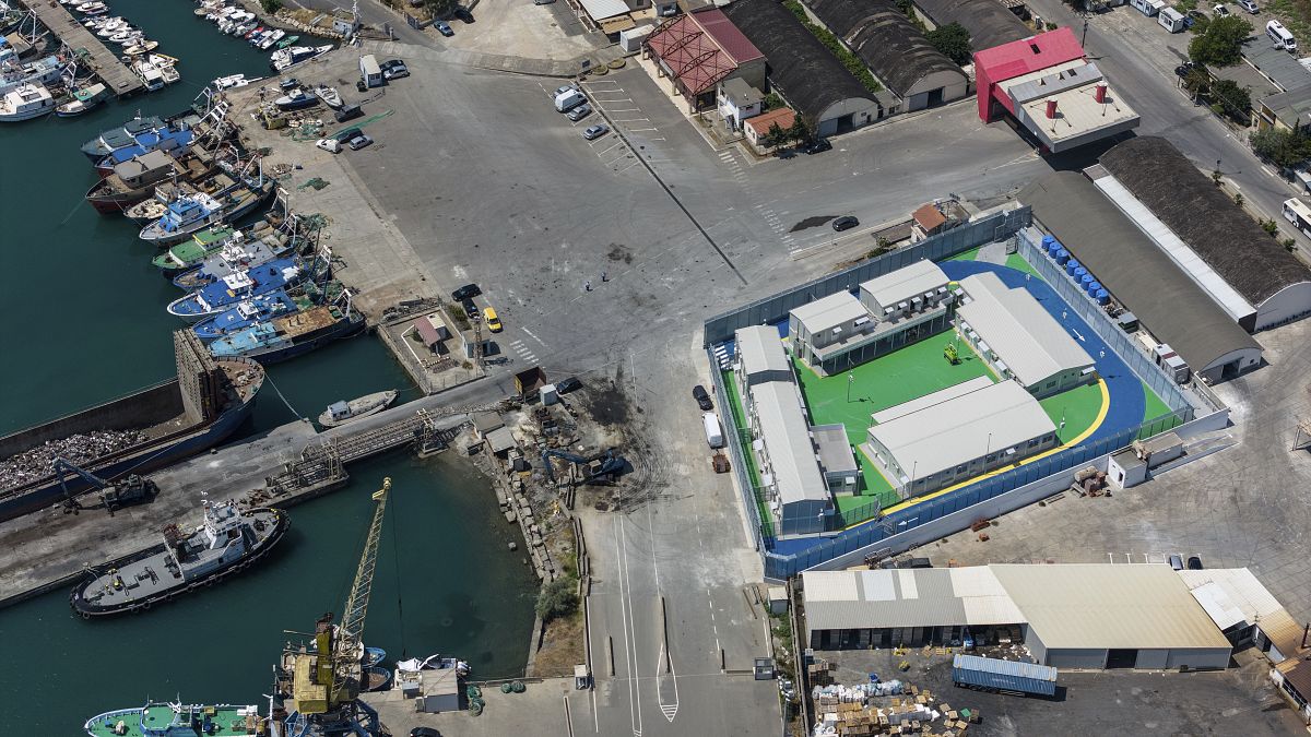 The migrant reception centre set up in the port of Shengjin, north-west Albania, during a phase of its construction (25 July 2024)