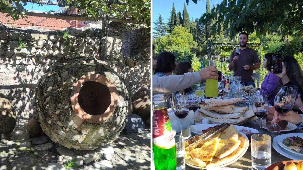 An old Qvevri wine vessel at Alaverdi Monastery, and a meal shared with new friends at Shumi Winery.