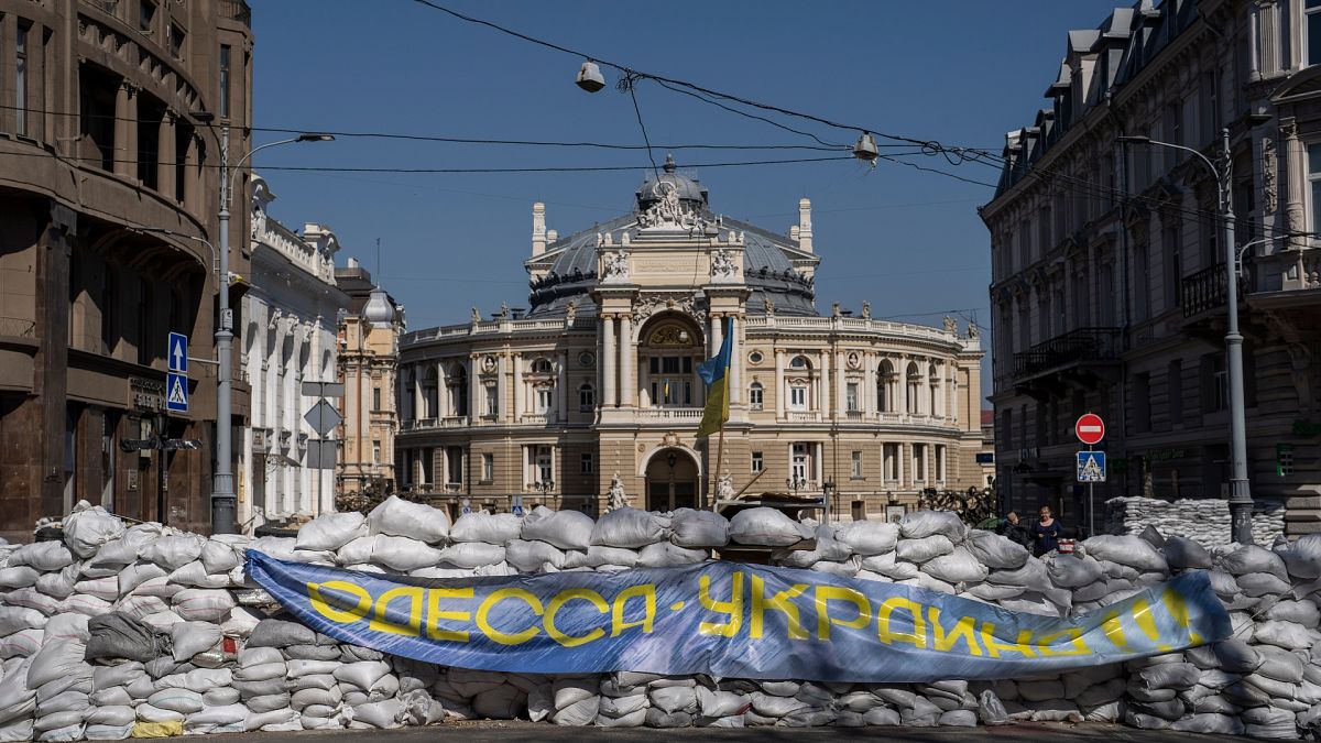 Sandbags block a street in front of the National Academic Theatre of Opera and Ballet building as a preparation for a possible Russian offensive, in Odesa, February 2022