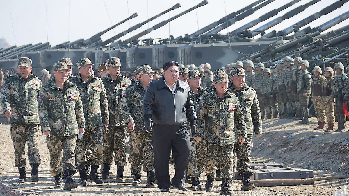 North Korean leader Kim Jong Un supervises artillery firing drills in North Korea on 7 March 2024