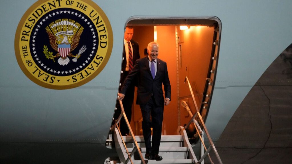 President Joe Biden walks down the stairs of Air Force One as he arrives at Brandenburg Airport in Schoenefeld near Berlin, Germany, Thursday, Oct. 17, 2024.