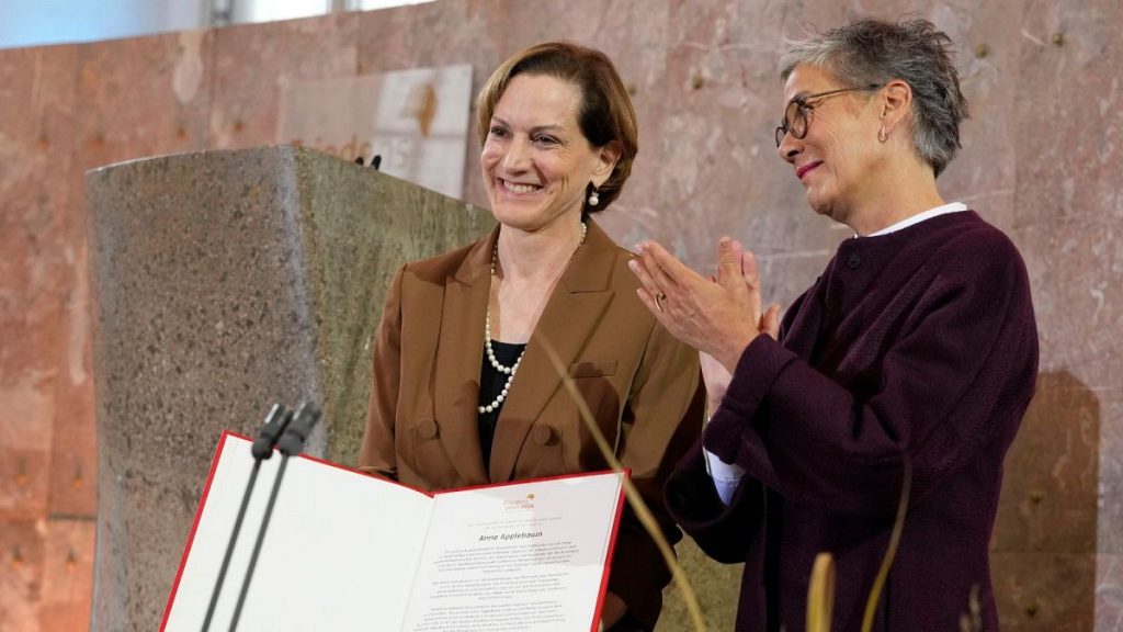 Pulitzer Prize-winning writer Anne Applebaum appeals for arms for Ukraine as she accepts German Peace Prize