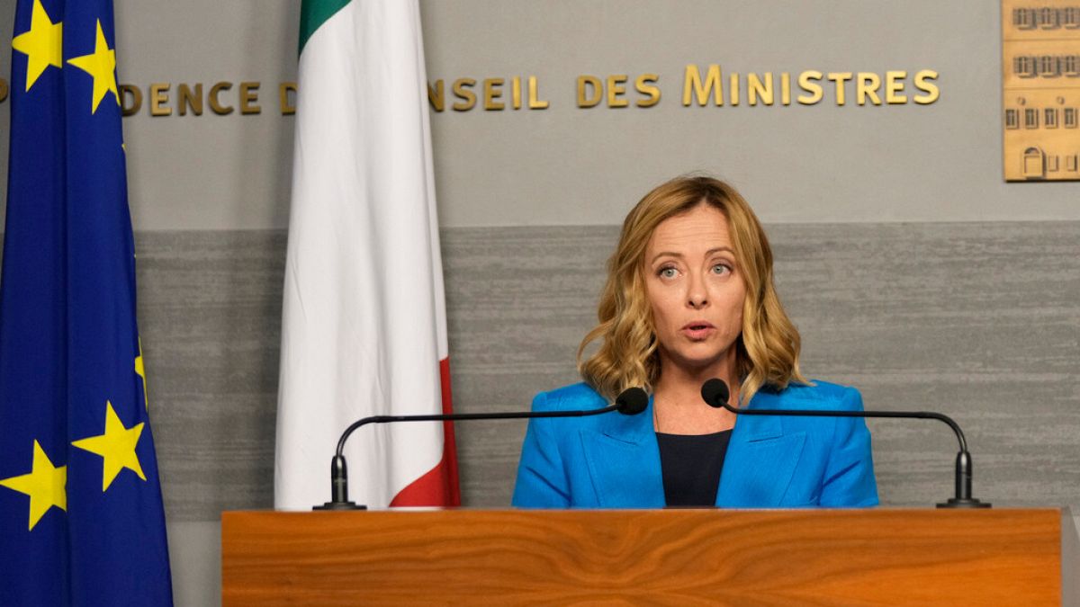 Italian Premier Giorgia Meloni speaks during a joint press conference with Lebanon’s caretaker Prime Minister Najib Mikati, Friday, Oct. 18, 2024, in Beirut, Lebanon.