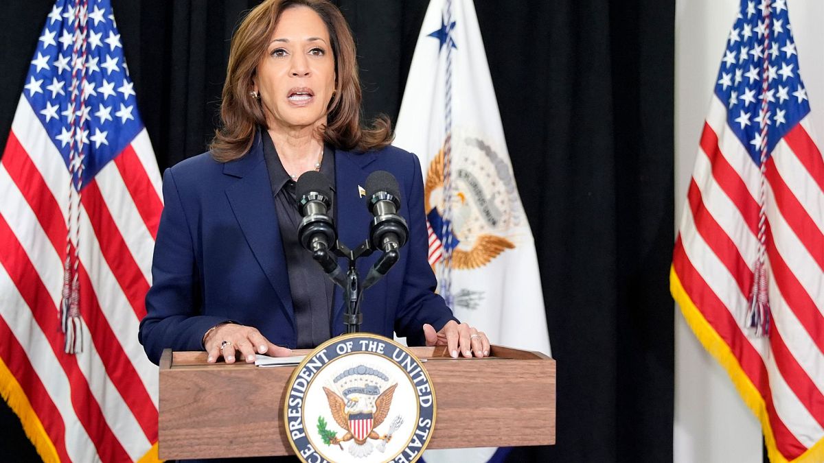 Democratic presidential nominee Vice President Kamala Harris speaks about the killing of Hamas