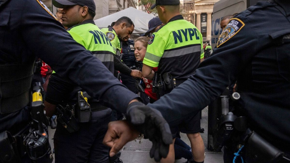 Police officers detain a demonstrator protesting Israel