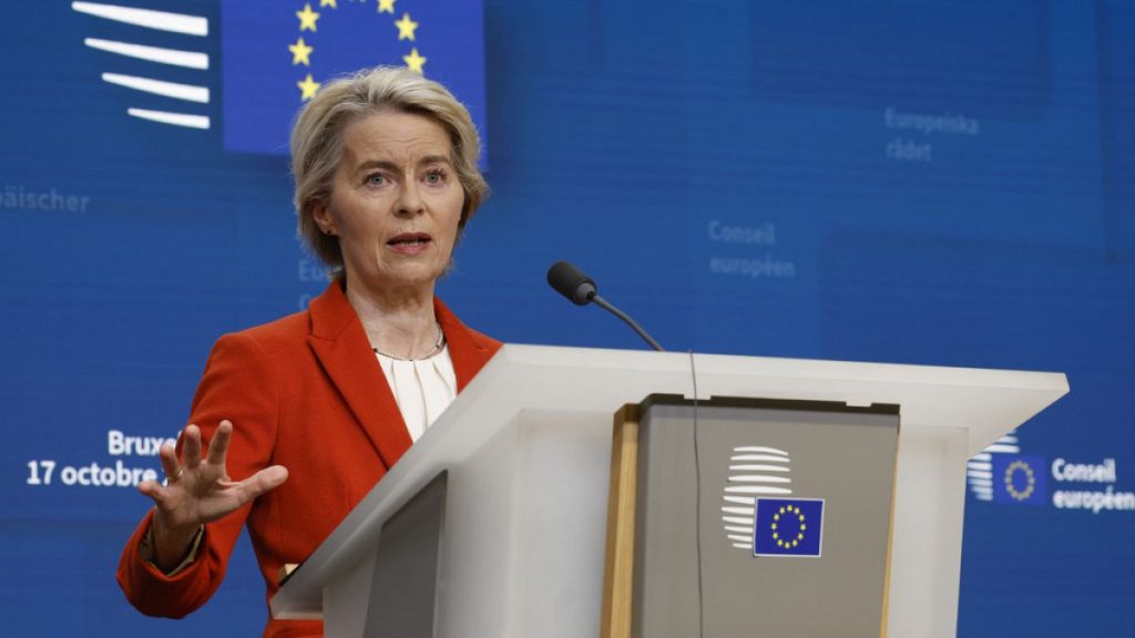 European Commission President Ursula von der Leyen speaks during a media conference at an EU summit in Brussels, Thursday, Oct. 17, 2024.