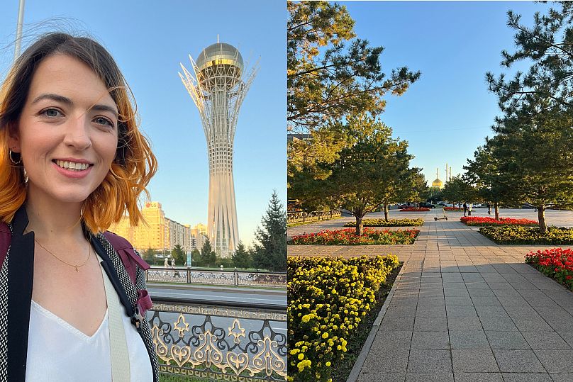 Monument Baiterek et vue sur la mosquée Nur Astana, Astana