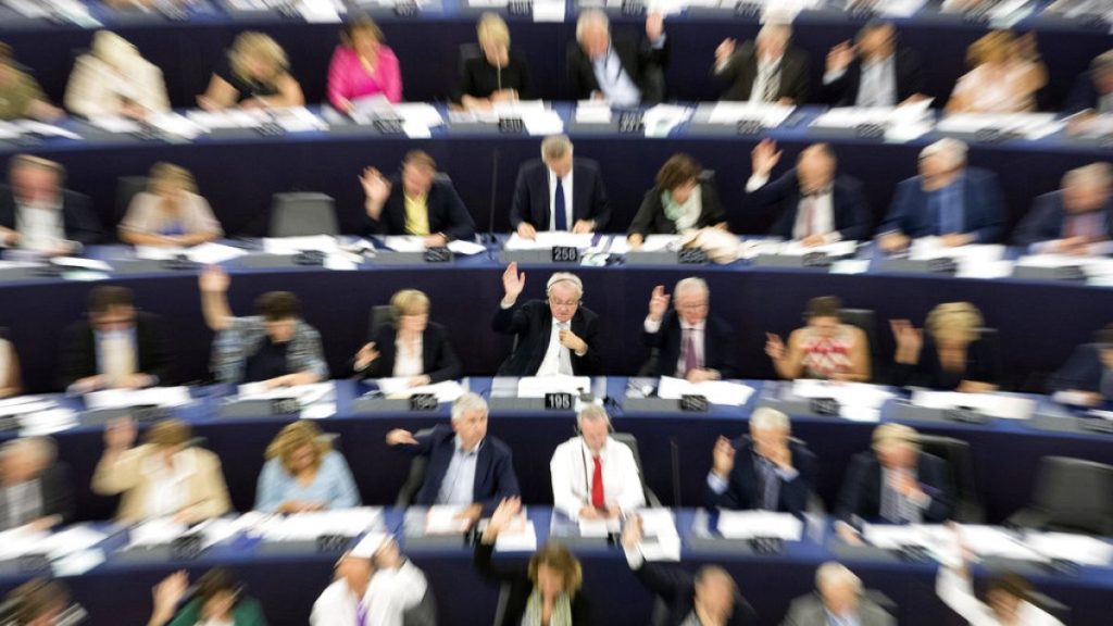 European Parliament members vote on copyright rules in Strasbourg, eastern France, Wednesday, Sept. 12, 2018.