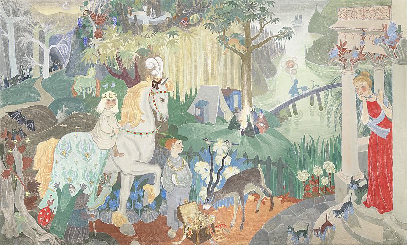 Tove Jansson : Panorama de conte de fées (panneau de gauche), 1949. Commande pour le mur du jardin d'enfants de l'Ab Federation Stevedoring