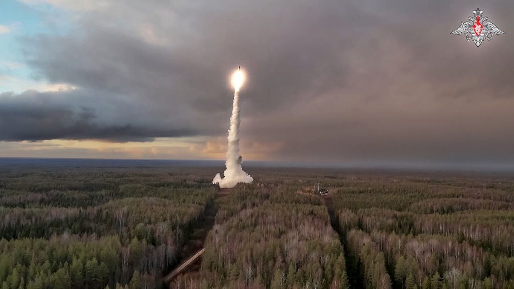 A Yars intercontinental ballistic missile is test-fired from the Plesetsk launchpad in northwestern Russia.