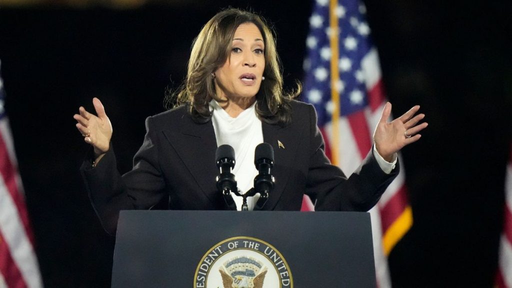 Democratic presidential nominee Vice President Kamala Harris delivers remarks during a campaign event at the Ellipse near the White House .