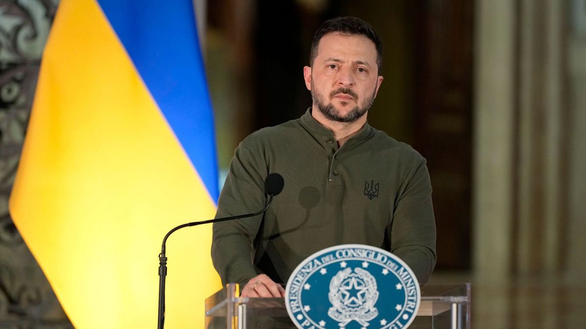 Ukrainian President Volodymyr Zelenskyy attends a press conference in Italy.