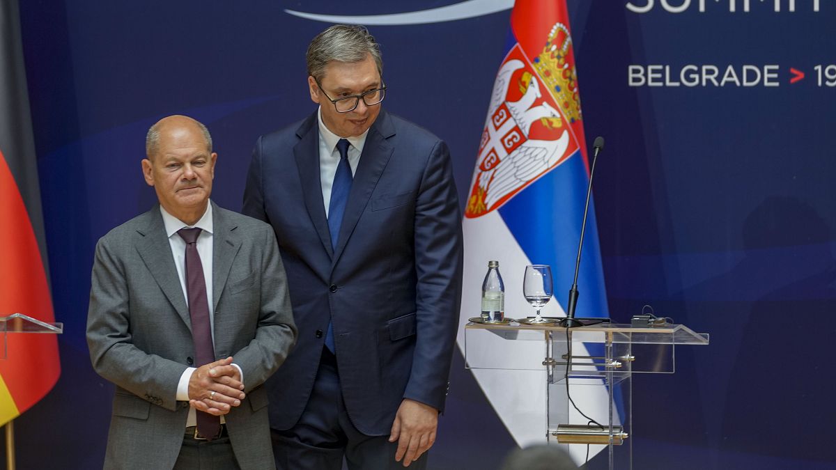 German Chancellor Olaf Scholz and Serbian President Aleksandar Vucic at a press conference in Belgrade, in July 2024