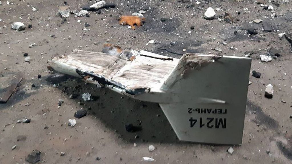 FILE: This undated photograph released by the Ukrainian military shows the wreckage of a Russian-fired Shahed drone that it said was downed near Kupiansk,