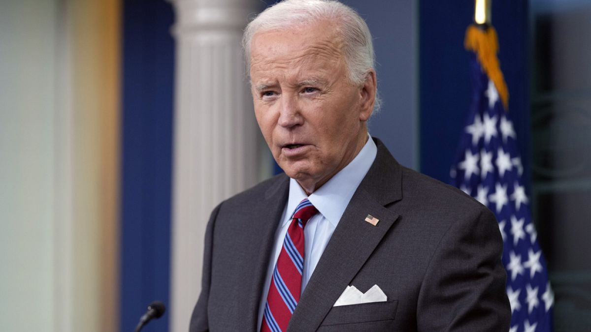 President Joe Biden speaks to the media in the White House press briefing room.