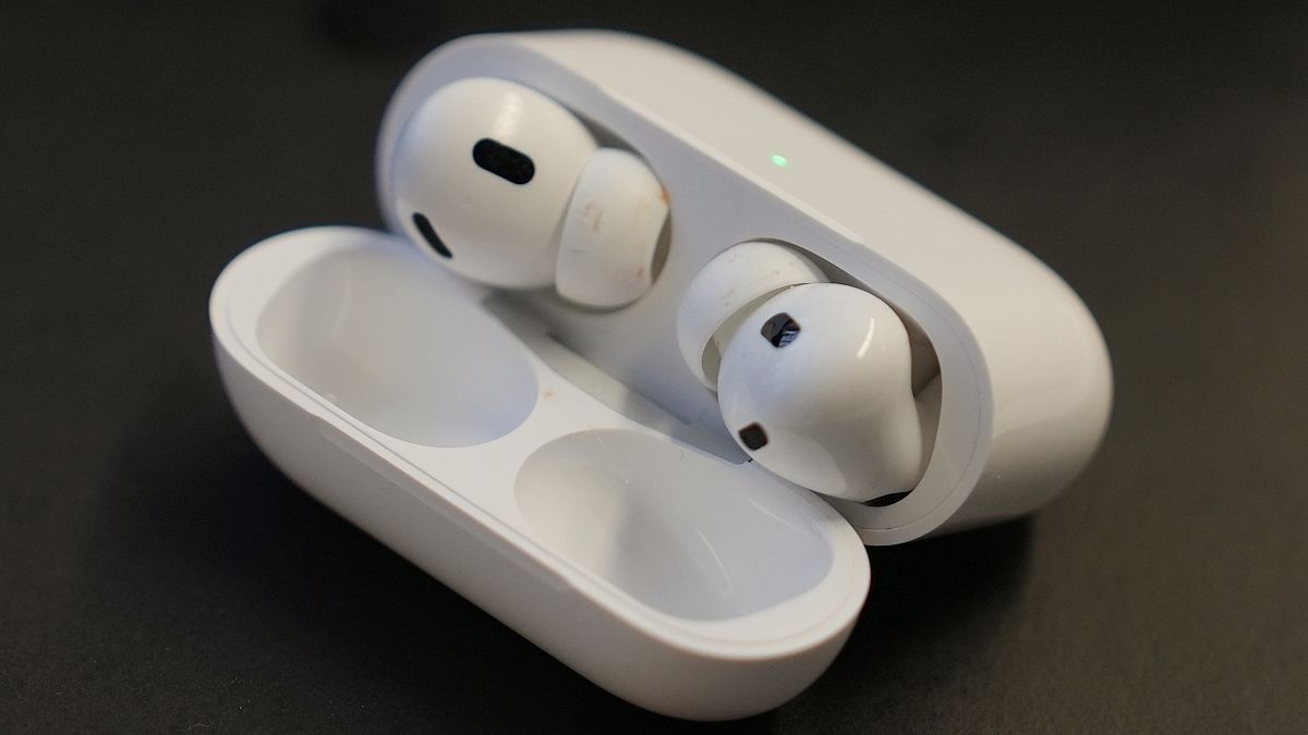 A pair of Apple AirPods Pro 2 are displayed on a table at Brooklyn College