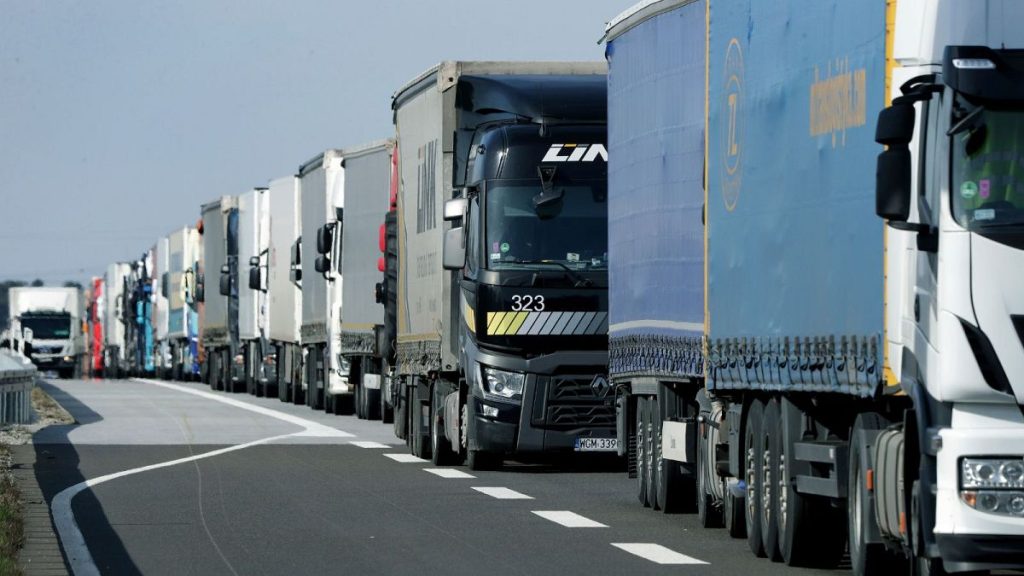 Trucks queue for goods transit on roads in Germany