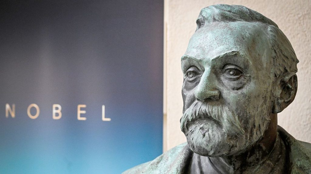 FILE: A bust of Alfred Nobel on display following a press conference at the Karolinska Institute in Stockholm, 3 October 2024