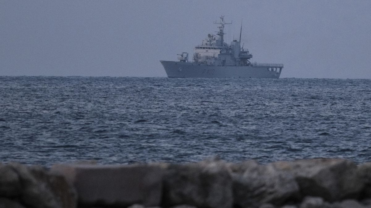 Italian Navy ship with 16 migrants on board arriving at the port of Shengjin, Albania