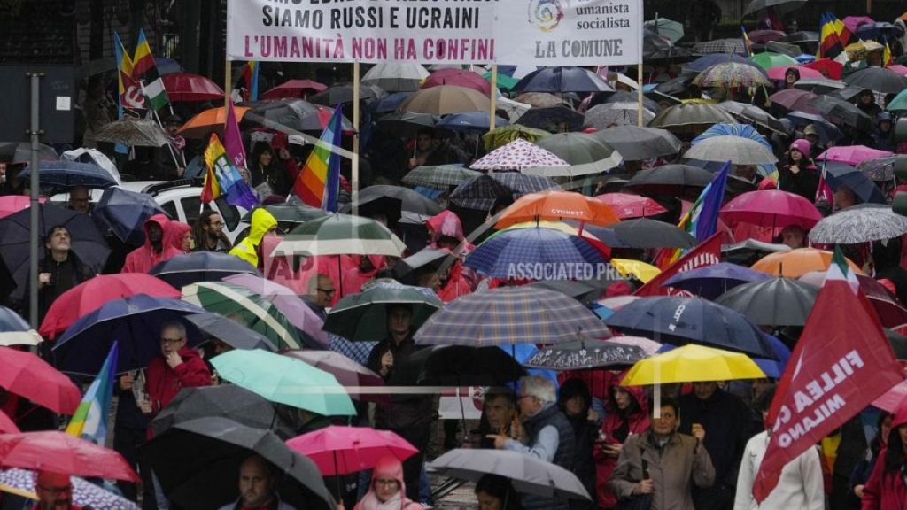 Demonstrators participate in a march for peace against all wars, in Milan, Italy, Saturday, Oct. 26, 2024