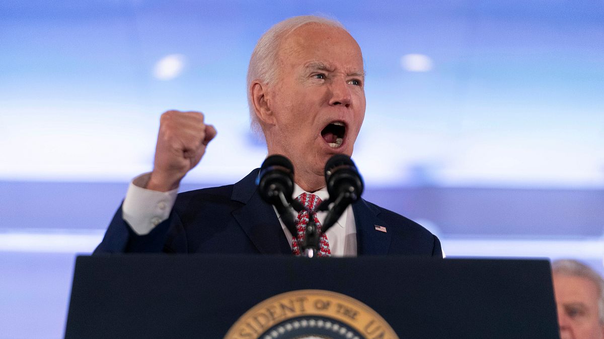 President Joe Biden speaking in Philadelphia at political event.