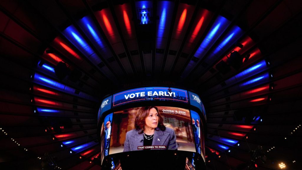 A video showing Vice President Kamala Harris plays as  former President Donald Trump speaks at a campaign rally at Madison Square Garden, Sunday, Oct.27, 2024.