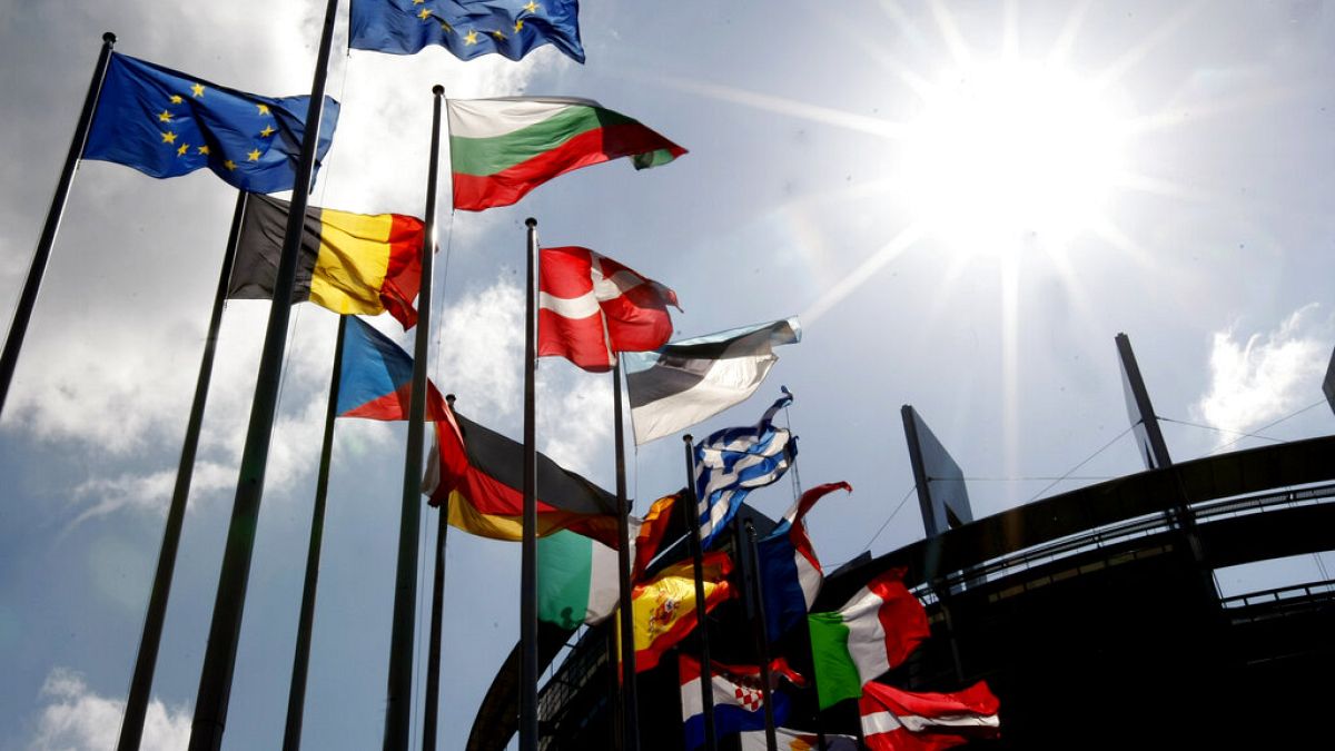 Flags in front of the European Parliament in Strasbourg.