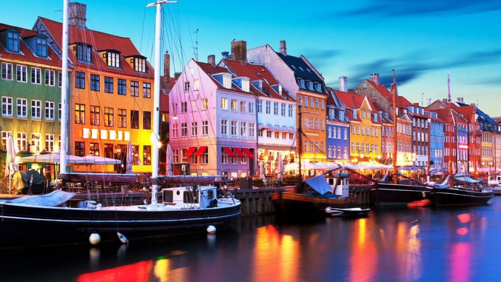 Evening scenery of Nyhavn in Copenhagen, Denmark