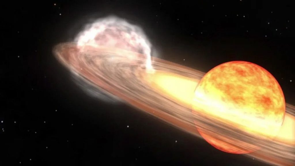 A red giant star and white dwarf orbit each other in this animation of a nova similar to T Coronae Borealis.