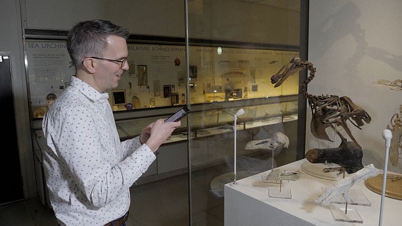 Jack Ashby, directeur adjoint du Museum of Zoology de Cambridge, saluant le squelette du dodo à l'aide de l'application AI UPSOUND