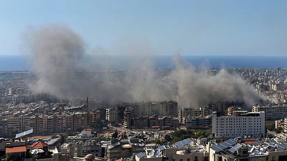 Smoke rises after Israeli airstrikes in Dahiyeh, Beirut, Lebanon.