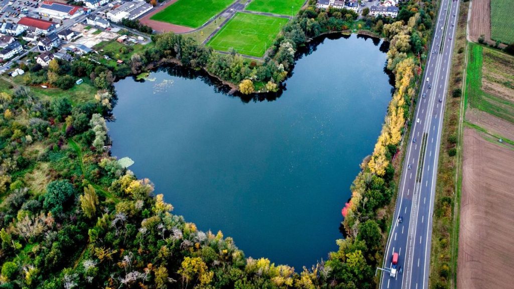 A lake in the shape of a heart is visible in Rodgau, near Frankfurt, Germany, October 2024.