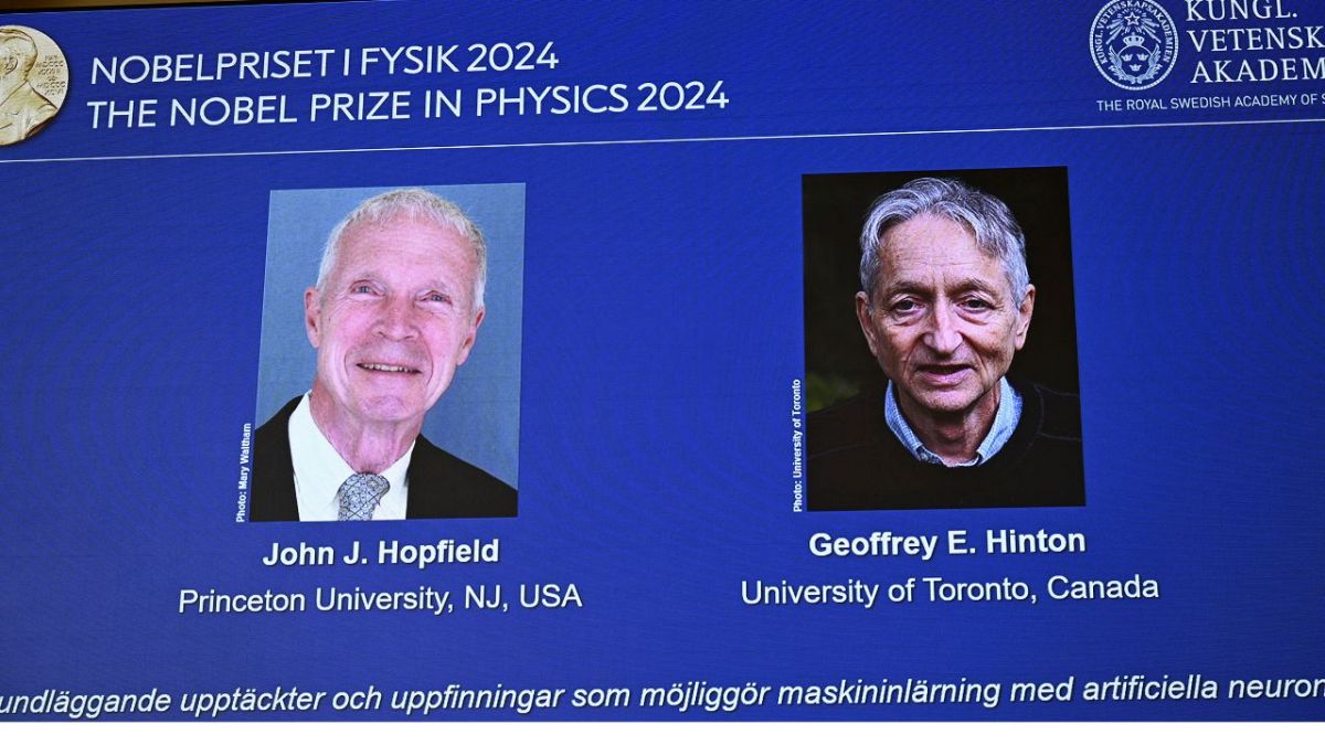 John Hopfield and Geoffrey Hinton, seen in picture, are awarded the 2024 Nobel Prize in Physics, announced at a press conference at the Royal Swedish Academy of Sciences in St