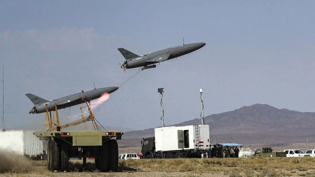 In this photo released by the Iranian army on Tuesday, Oct. 3, 2023, drones are launched during the air force nationwide drone drill centered in northern Semnan province, Iran