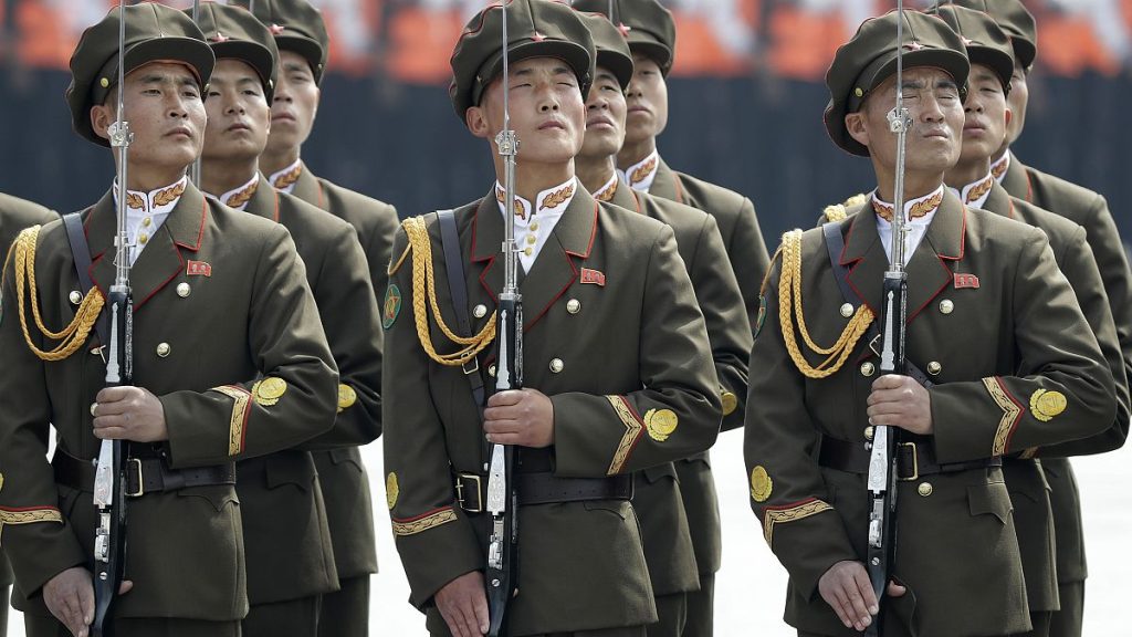 North Korean soldiers stand at attention during a military parade on Saturday, April 15, 2017, in Pyongyang, North Korea