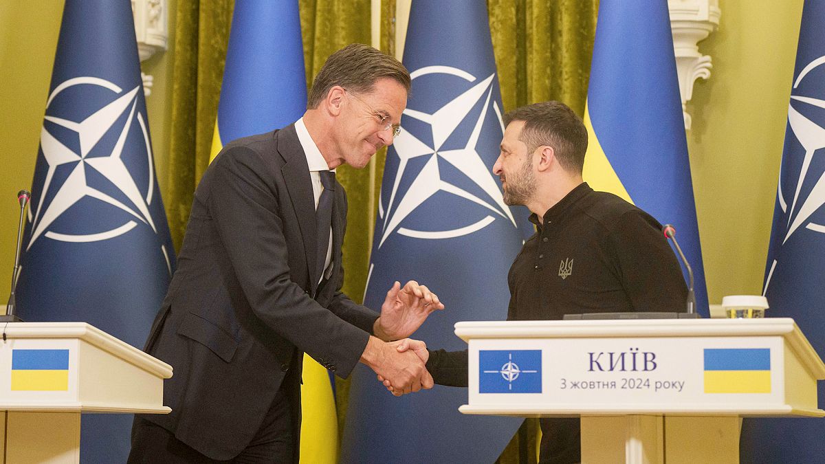 NATO Secretary General Mark Rutte and Ukrainian President Volodymyr Zelenskyy shake hands during press conference in Kyiv, 3 October 2024