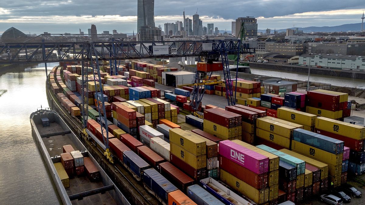 Containers in the port of Frankfurt, with the ECB skyscraper in the background