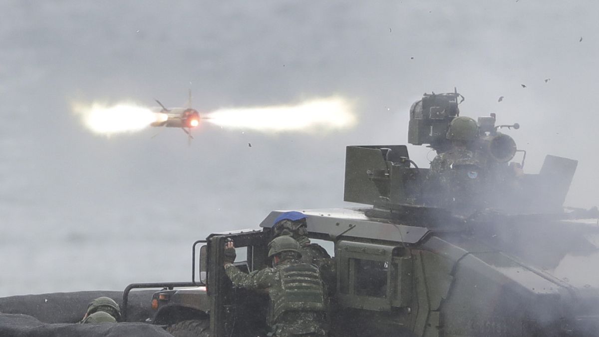 A BGM-71A anti-tank missile is fired during military drills in Pingtung County, southern Taiwan, Monday, Aug. 26, 2024.