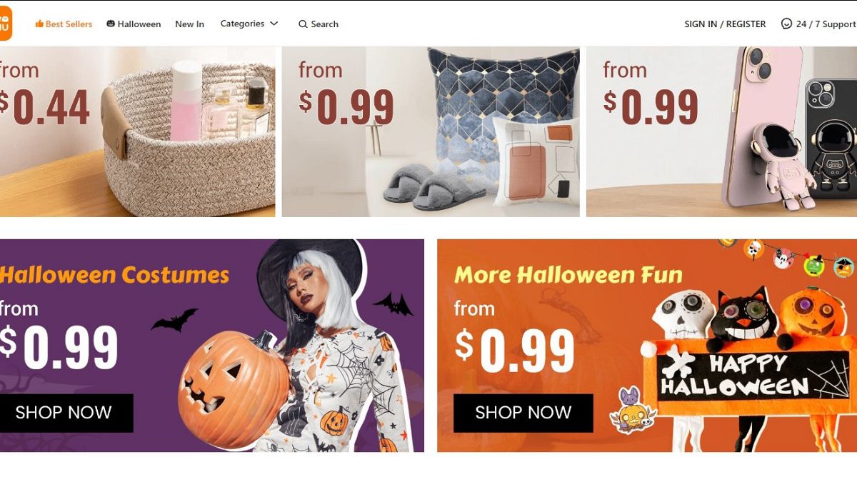 A Temu webpage displaying Halloween items.